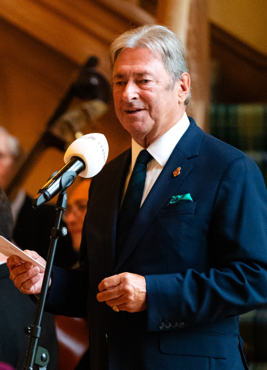 Alan Titchmarsh talks into a microphone during a recording of a radio programme for Classic FM at Balmoral Castle