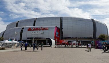 The exterior of State Farm Stadium is seen before the NFL Super Bowl 57 football game in Glendale, Ariz., on Sunday, Feb. 12, 2023. (AP Photo/Adam Hunger, File)