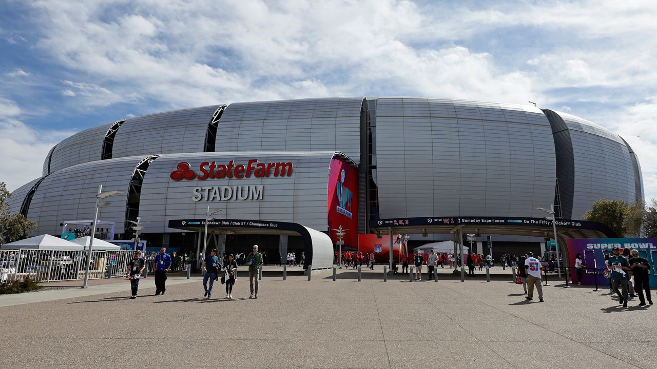 The exterior of State Farm Stadium is seen before the NFL Super Bowl 57 football game in Glendale, Ariz., on Sunday, Feb. 12, 2023. (AP Photo/Adam Hunger, File)
