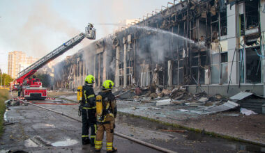 Russian strike in Kyiv sets business center ablaze and damages sports complex