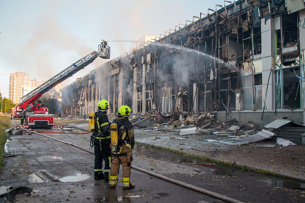 Russian strike in Kyiv sets business center ablaze and damages sports complex
