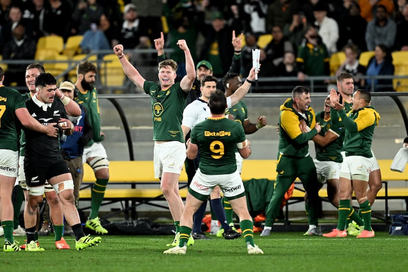 Ethan Hooker leads the celebrations at the end of South Africa's Rugby Championship victory against New Zealand at Sky Stadium in Wellington, New Zealand. Photograph: Joe Allison/Getty Images