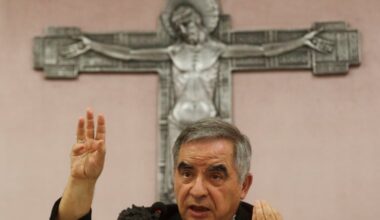 FILE — Cardinal Angelo Becciu talks to journalists during news conference in Rome, Sept. 25, 2020. (AP Photo/Gregorio Borgia, File)