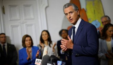 California Governor Gavin Newsom speaks at a press conference, accompanied by members of the Texas Democratic legislators, at the governor’s mansion in Sacramento, California, U.S., August 8, 2025. REUTERS/Carlos Barria