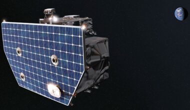 A spacecraft with a large solar panel floats in space with Earth visible in the background.