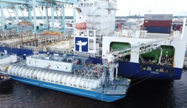 File Photo: The LNG bunkering barge Clean Jacksonville refuels one of TOTE’s LNG-powered containerships