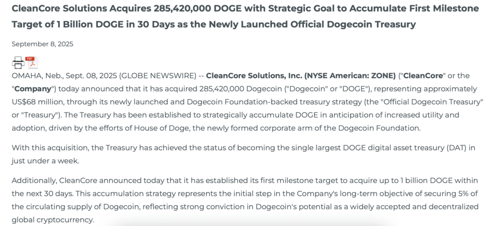 CleanCore Solutions Acquires 285,420,000 DOGE