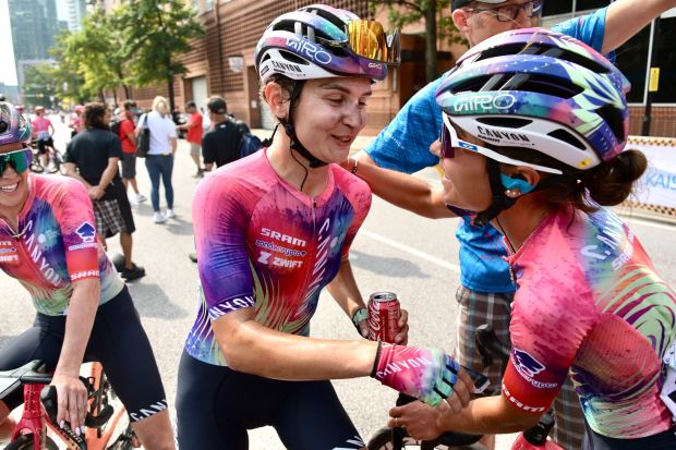 Poland's Agnieszka Skalniak-Sojka, left, celebrates winning the women's Maryland Cycling Classic women's race with a teammate. (Kim Hairston/Staff)