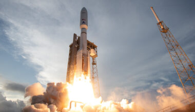 A United Launch Alliance Atlas V rocket launches the first 27 of Amazon's Project Kuiper internet satellites to orbit on April 28, 2025.