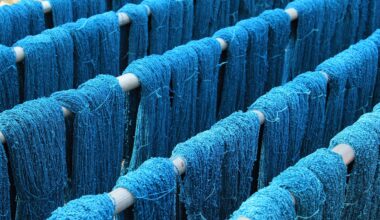 Blue yarn drying after being dyed.