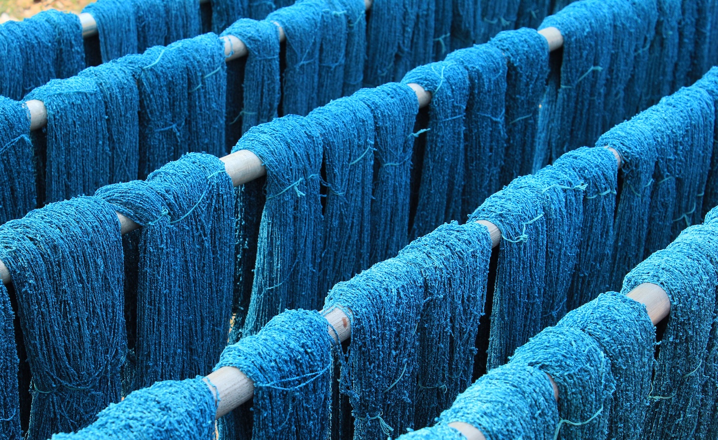 Blue yarn drying after being dyed.