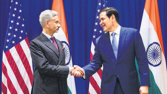 External affairs minister S Jaishankar with US secretary of state Marco Rubio at the sidelines of the 80th United Nations General Assembly on Monday. (AP)