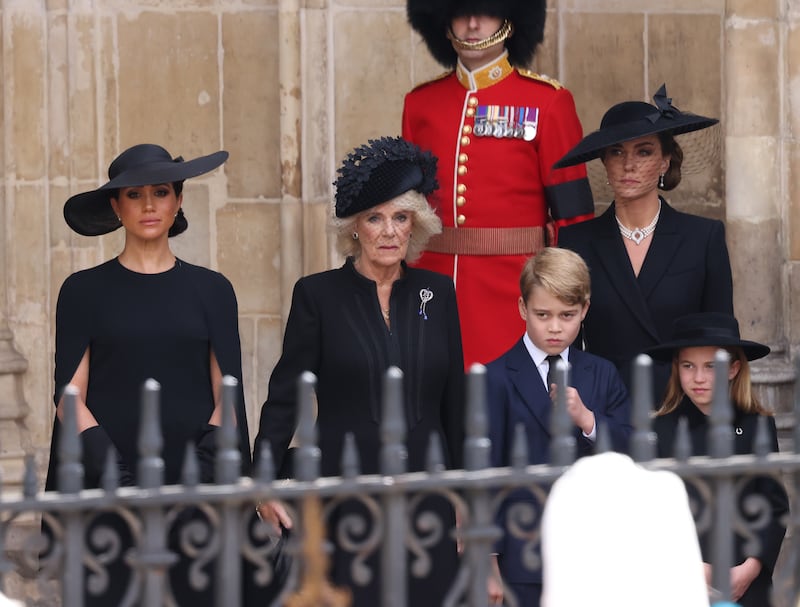 Meghan, Duchess of Sussex, Camilla, Queen Consort, Prince George of Wales, Catherine, Princess of Wales and Princess Charlotte of Wales during the State Funeral of Queen Elizabeth II at Westminster Abbey on September 19, 2022 in London, England.  Elizabeth Alexandra Mary Windsor was born in Bruton Street, Mayfair, London on 21 April 1926. She married Prince Philip in 1947 and ascended the throne of the United Kingdom and Commonwealth on 6 February 1952 after the death of her Father, King George VI. Queen Elizabeth II died at Balmoral Castle in Scotland on September 8, 2022, and is succeeded by her eldest son, King Charles III.