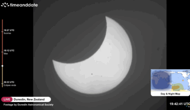 A picture of the sun's disk with its left side blocked by the curved outline of the moon's silhouette.