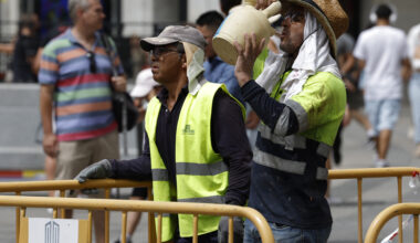 A worker drinks water from a botijo, a Spanish traditional earthenware drinking jug, to fight the heat in the midst of a heat wave in Madrid on Aug. 9, 2023. Credit: Javier Soriano/AFP via Getty Images