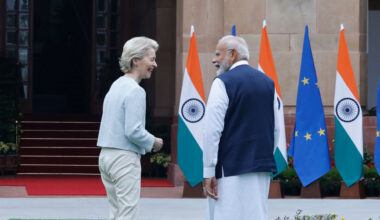 Indian Prime Minister Narendra Modi talks to European