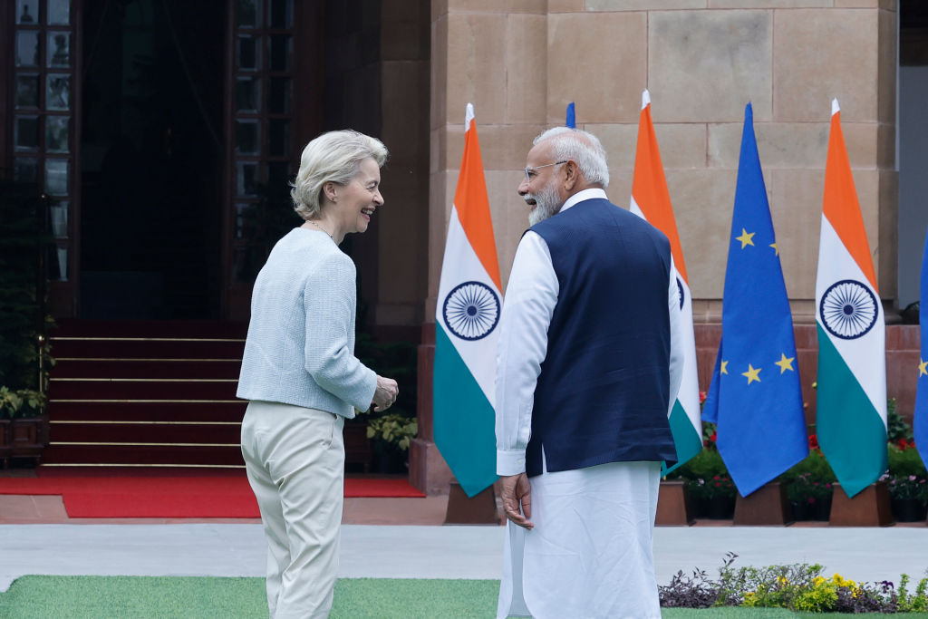 Indian Prime Minister Narendra Modi talks to European