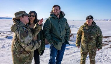 US Vice President JD Vance (2nd-R) and second lady Usha Vance (2nd-L) stand with Col. Susan Meyers (L), commander of the US military