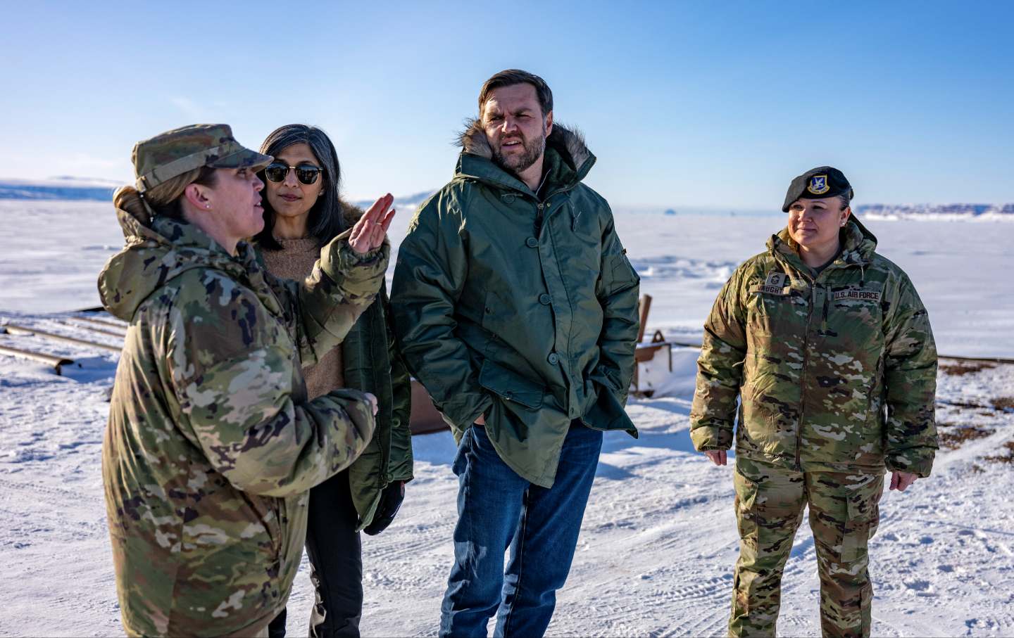 US Vice President JD Vance (2nd-R) and second lady Usha Vance (2nd-L) stand with Col. Susan Meyers (L), commander of the US military