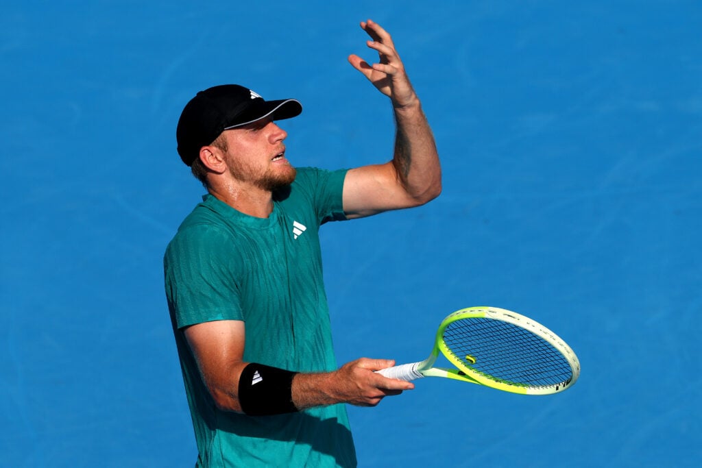 Alejandro Davidovich Fokina reacts during his match with Joao Fonseca at the 2025 Cincinnati Open