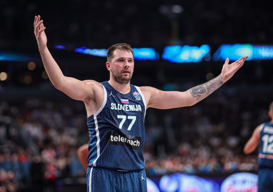 Luka Doncic of Slovenia reacts during the FIBA EuroBasket 2025 quarterfinal between Germany and Slovenia.