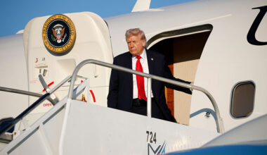 President Donald Trump exits Air Force One on Thursday as he arrives at LaGuardia Airport in New York City. (Kevin Dietsch/Getty Images)