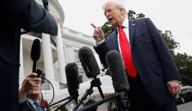 President Donald Trump speaks to reporters Tuesday as he departs the White House en route to London.