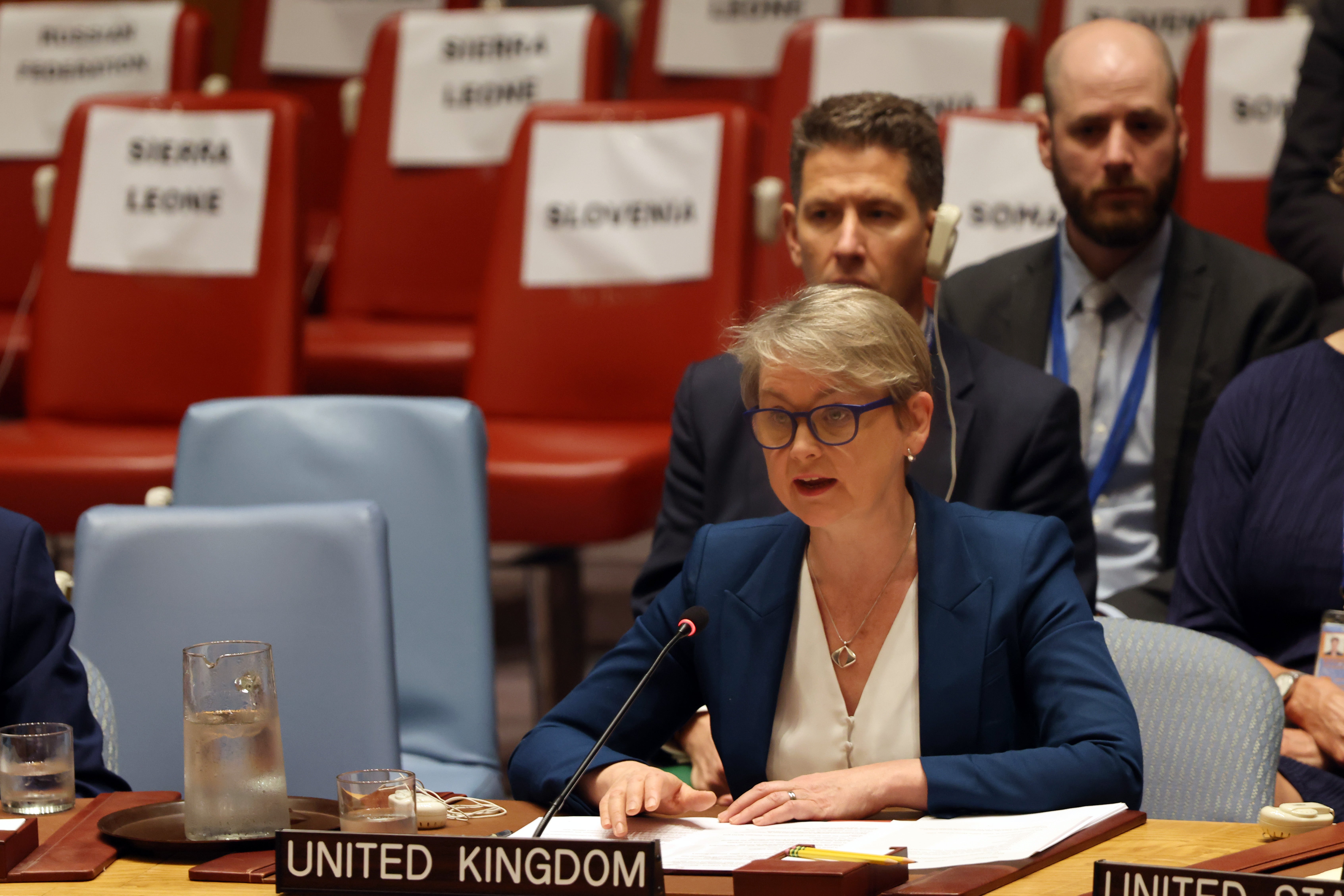 British foreign secretary Yvette Cooper speaks at a Security Council emergency meeting to discuss Russian fighter jet incursions into Estonia