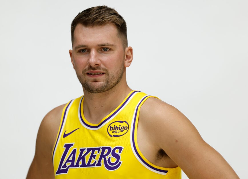 Luka Doncic #77 of the Los Angeles Lakers during Los Angeles Lakers Media Day at UCLA Health Training Center.
