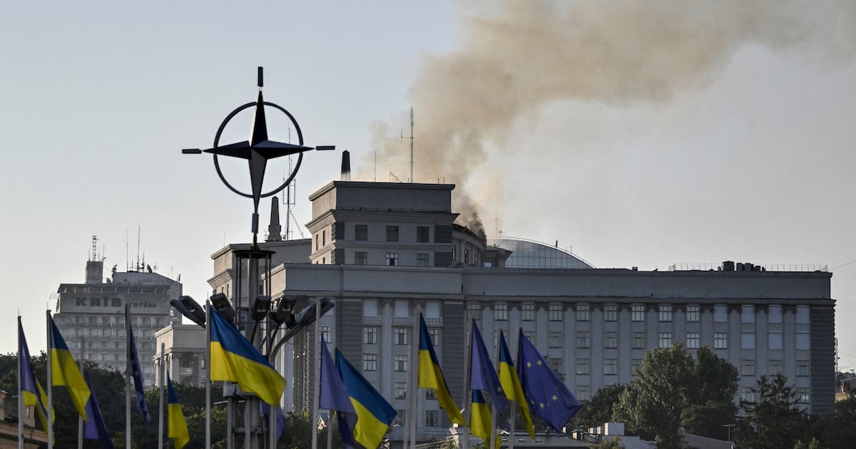 Largest Russian aerial attack of war sparks fire at Ukraine’s government building in Kyiv – The Irish Times