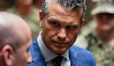 Defense Secretary Pete Hegseth meets with members of the National Guard at Union Station in Washington last month.