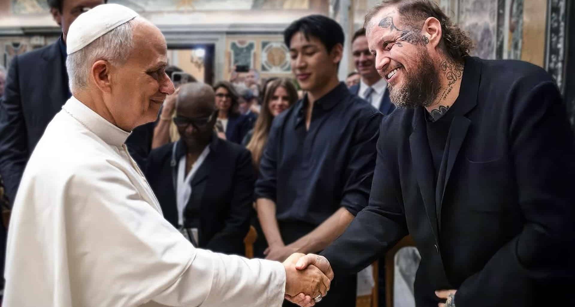 Jelly Roll smiles while shaking hands with Pope Leo XIV inside Vatican City before his once-in-a-lifetime performance.