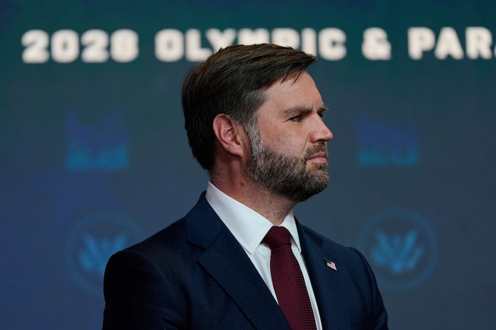 FILE -Vice President JD Vance listens as President Donald Trump speaks, Aug. 5, 2025, in...