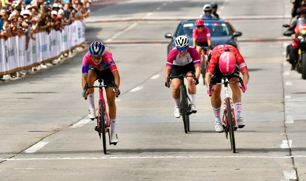 Poland's Agnieszka Skalniak-Sojka, left, crosses the finish line to win the Maryland Cycling Classic women's race. (Kim Hairston/Staff)