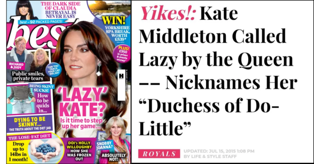 A side-by-side collage showing a UK tabloid cover with the headline “Lazy Kate? Is it time to step up her game…” next to a bold article title reading “Yikes! Kate Middleton Called Lazy by the Queen –– Nicknames Her ‘Duchess of Do-Little.’” The images highlight longstanding media criticism of Kate Middleton’s work ethic, with exaggerated magazine graphics and eye-catching fonts underscoring the public scrutiny.