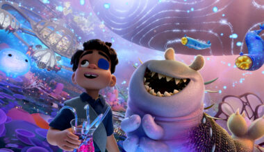 an animated boy in a cosmic whirlpool with aliens