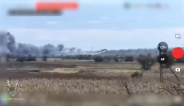 A drone captures footage of a Russian Mi-8 helicopter performing an emergency landing after being hit by a Ukrainian FPV drone