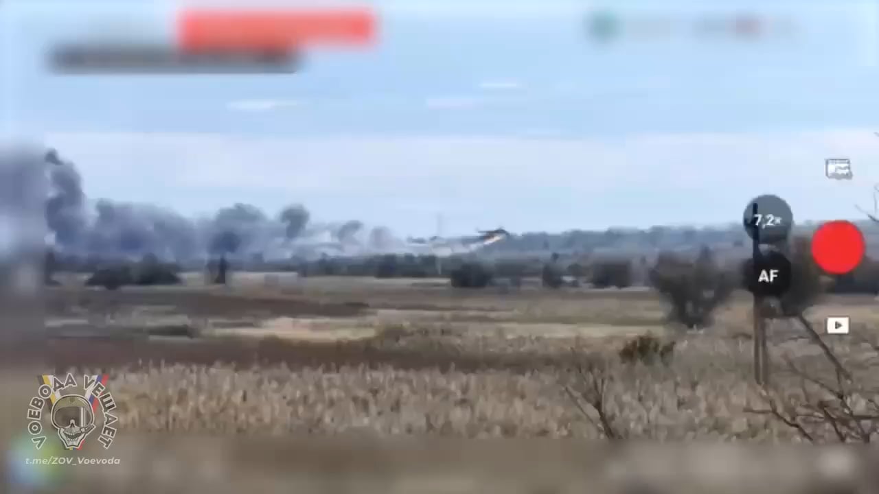 A drone captures footage of a Russian Mi-8 helicopter performing an emergency landing after being hit by a Ukrainian FPV drone