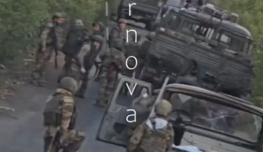 Russian soldiers recording their supply column halting after their lead vehicle is attacked by Ukrainian FPV quads. Zaporizhzhia Oblast.