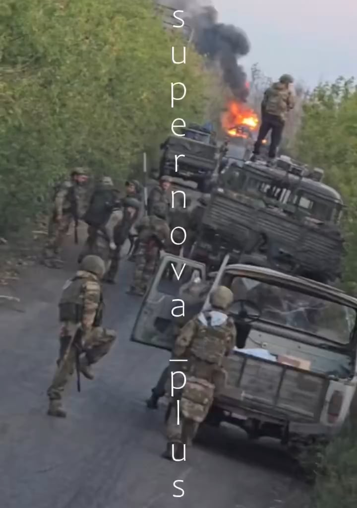 Russian soldiers recording their supply column halting after their lead vehicle is attacked by Ukrainian FPV quads. Zaporizhzhia Oblast.