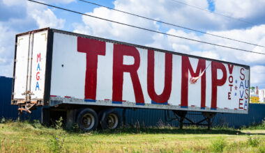 A sign of support for President Donald Trump is seen on the side of a semi-trailer in East Palestine, Ohio, on Aug. 27. (Tom Williams/CQ Roll Call)