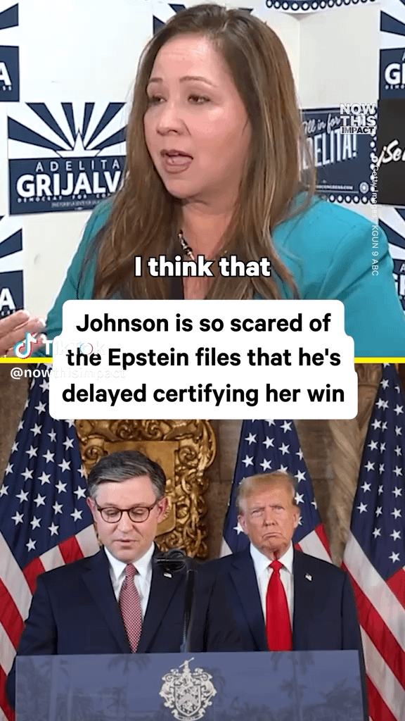 Mike Johnson is delaying the certification of Adelita Grijalva's victory in Arizona's special election last week.  This move prevents Democrats from securing the final signature needed to force a House floor vote and release the Epstein files.