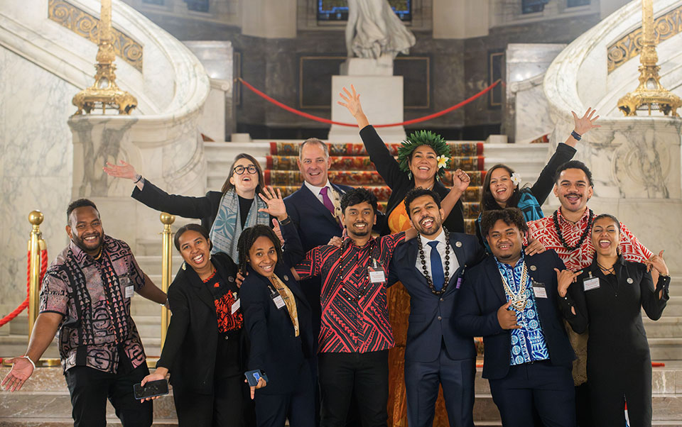 people celebrating in a ballroom