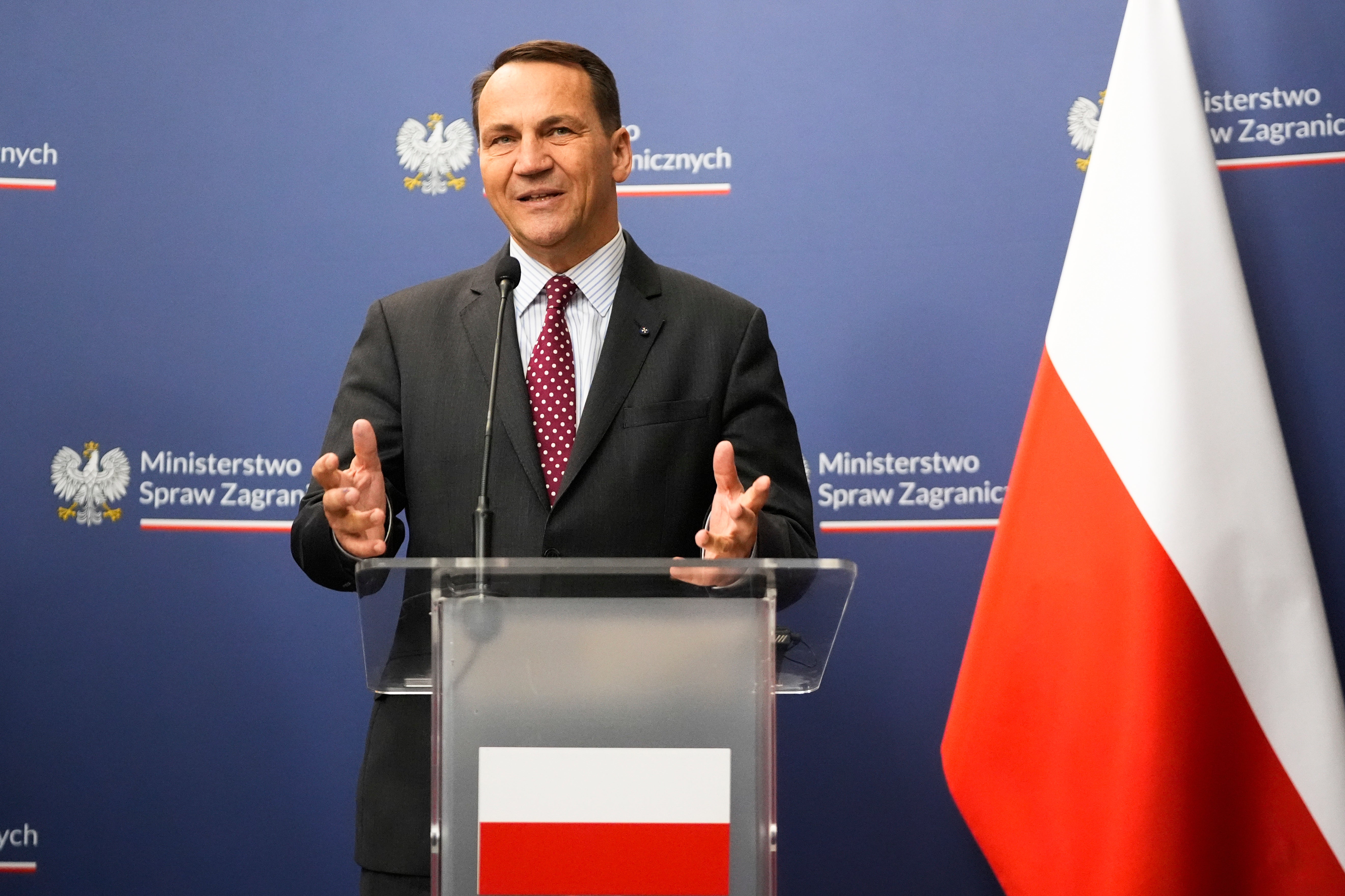 Poland’s foreign minister Radosław Sikorski speaks during a press briefing