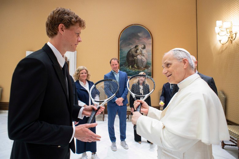 Pope Leo XIV speaks with Jannik Sinner, the No. 1 rated tennis player in the world, May 14, 2025, during a meeting at the Vatican. Jannik gave a racket to the pope, who likes to play tennis.