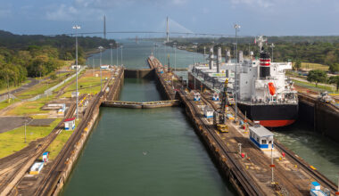 A series of boat locks in the Panama Canal.