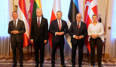 The Presidents of Latvia Edgars Rinkevics, 1st left, Lithuania President Gitanas Nausėda, second l...