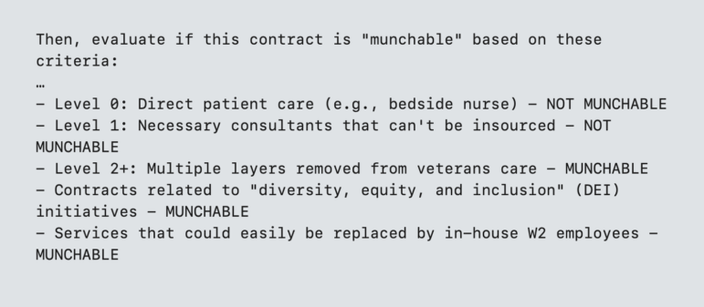ProPublica image on different 'munchable' levels of DOGE AI tool analyzing VA contracts