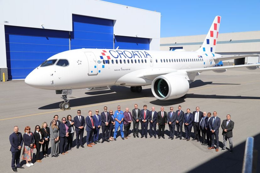 Croatia Airlines' first A220-100 in front of the Airbus factory in Mirabel
