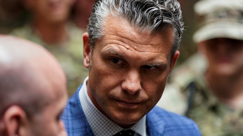 U.S. Defense Secretary Pete Hegseth looks on, during a visit to greet members of the National Guard, at Union Station in Washington, D.C., U.S., August 20, 2025.